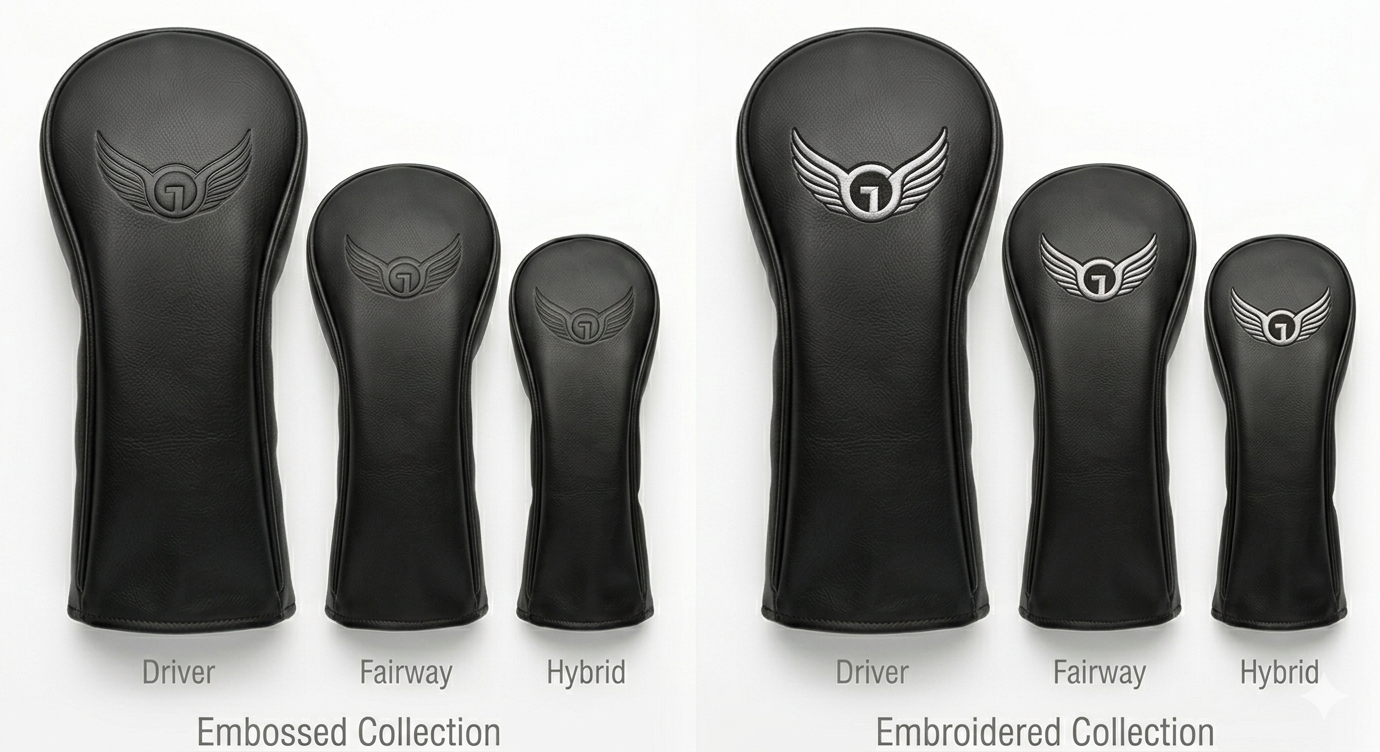 Embossed and embroidered leather headcovers